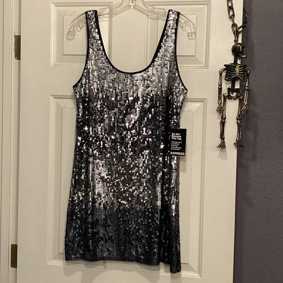 EXPRESS - NWT - dress: black & silver fading sequin ombré mini w lining - L - Picture 9 of 16